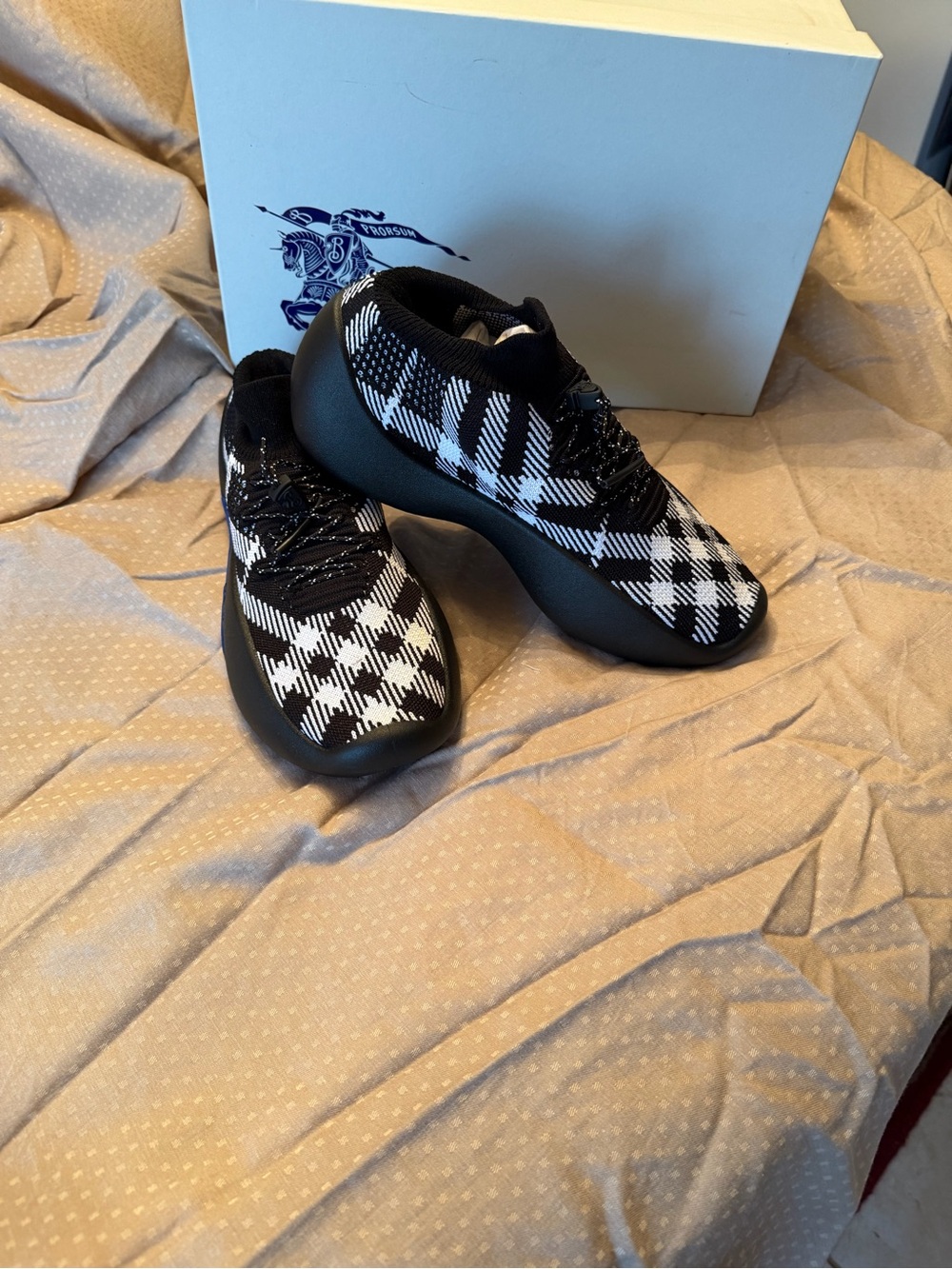 Plaid Knit Slip-On Sneakers in Black & White